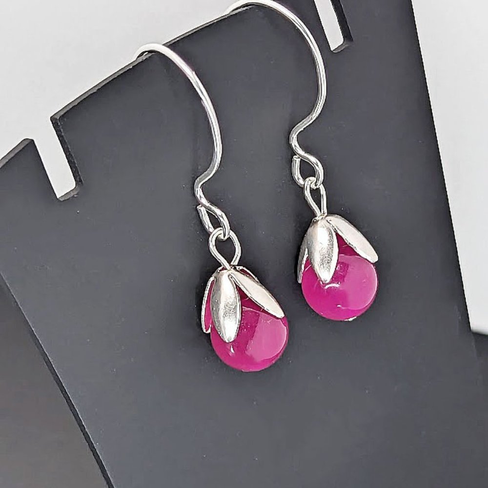 Floral Sterling Silver Filled Magenta Pink Quartz Beaded Gemstone Drop Earrings - Picture 3 of 7